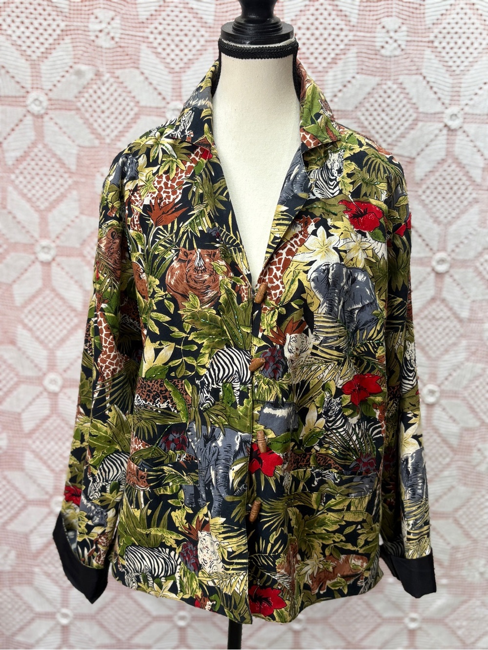 Safari Animal Print Jacket Beaded Detail Jungle Blazer L